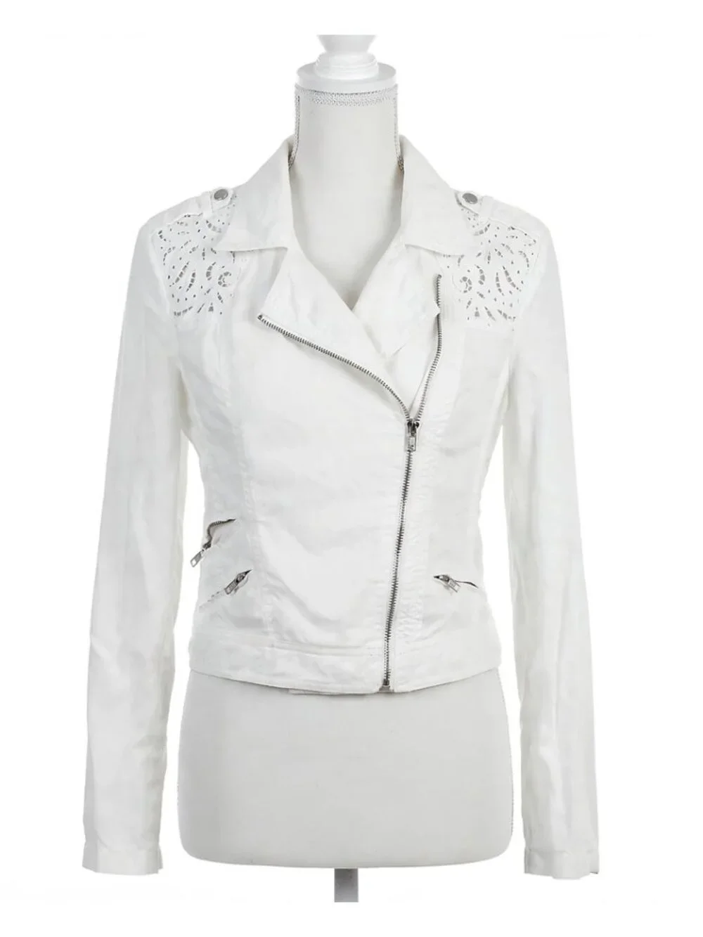 INC International Concepts White Moto Jacket - Eyelet Crochet Lace Shoulders
